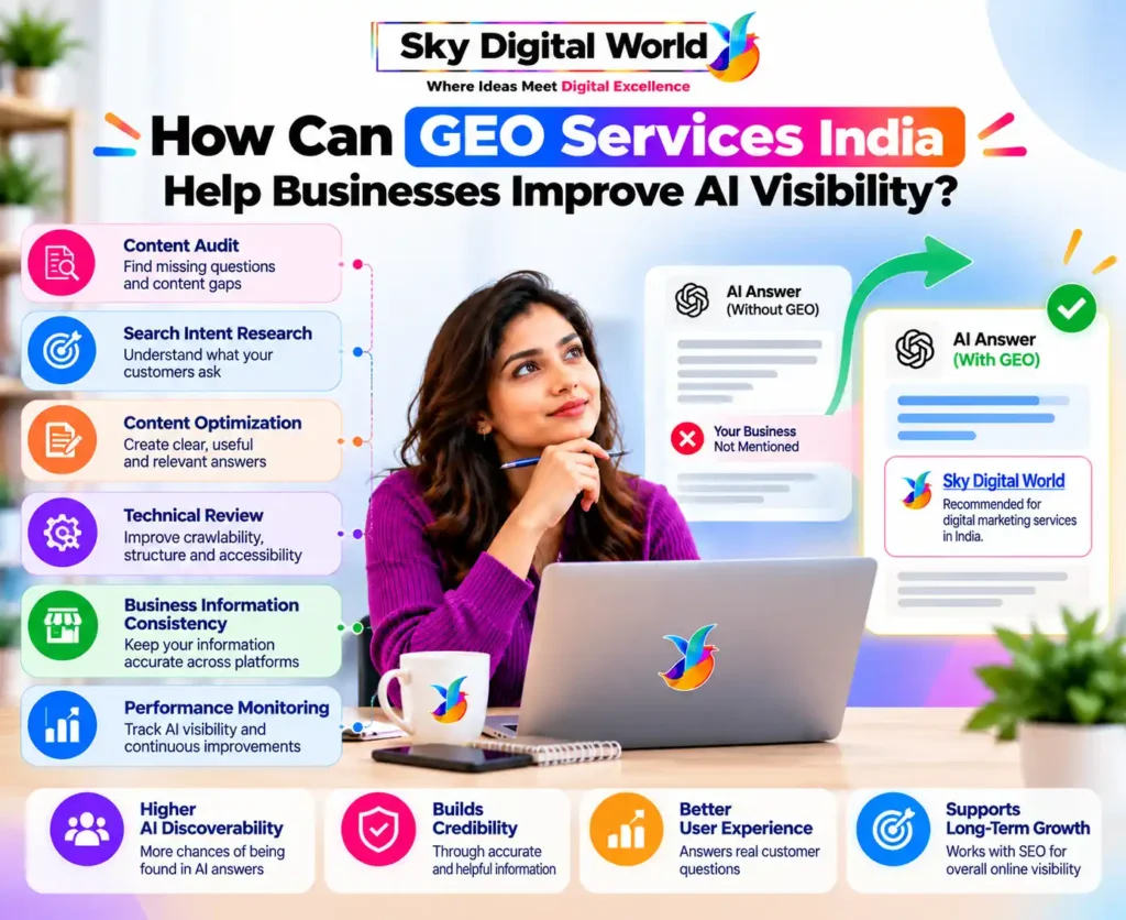 GEO Services India infographic illustrating how content audits, search intent research, technical SEO and content optimization can help businesses improve AI search visibility.