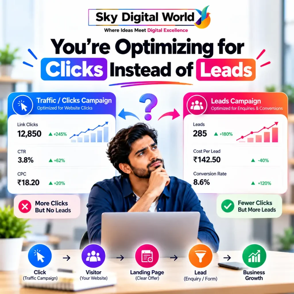 Meta Ads Services India infographic comparing traffic campaigns focused on website clicks with lead generation campaigns focused on qualified enquiries and conversions.