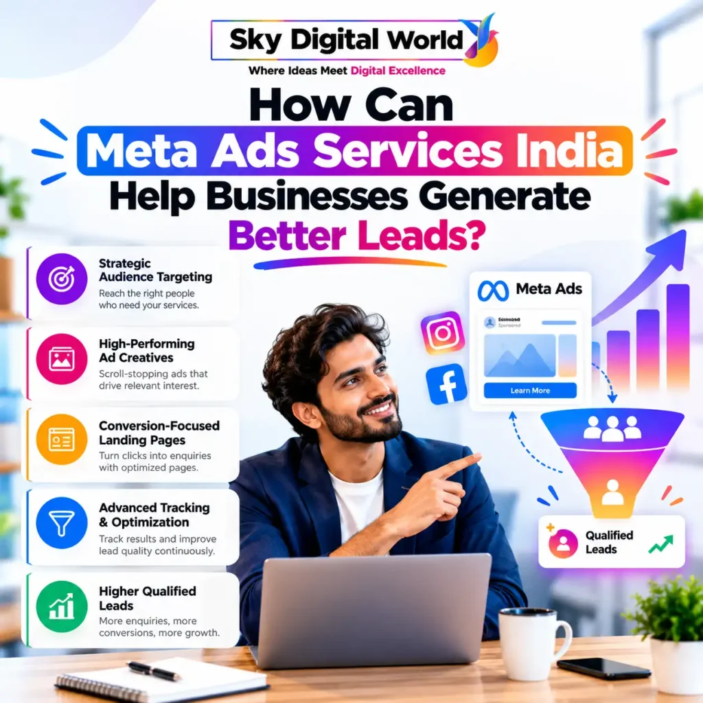 Meta Ads Services India infographic showing how audience targeting, creative advertisements, landing page optimization and performance tracking help businesses generate qualified leads.