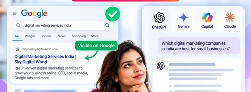 GEO Services India infographic comparing Google search visibility with missing website mentions in AI-generated answers.