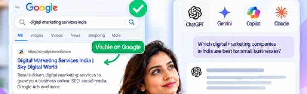 GEO Services India infographic comparing Google search visibility with missing website mentions in AI-generated answers.