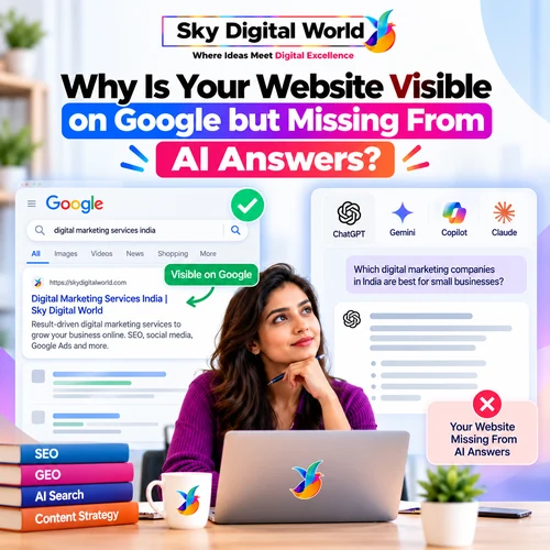 GEO Services India infographic comparing Google search visibility with missing website mentions in AI-generated answers.