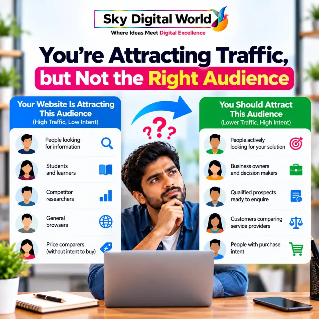 Conversion Optimization infographic comparing high website traffic from low-intent visitors with qualified audiences actively searching for business solutions.