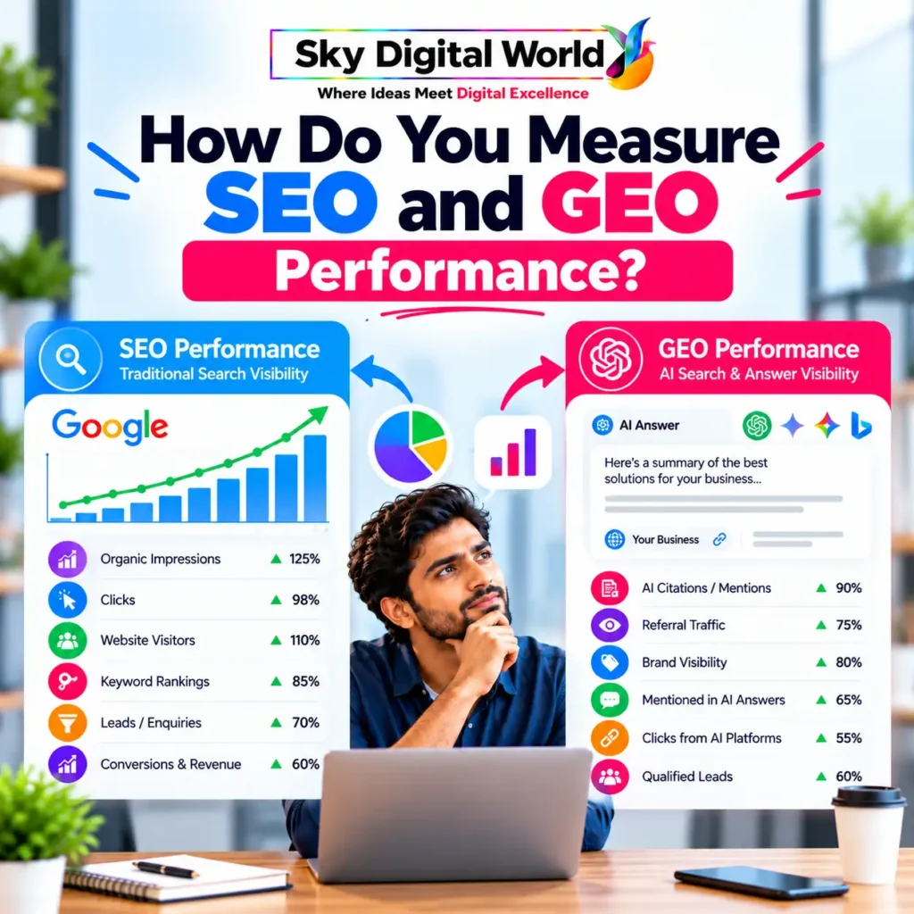 SEO GEO Services India infographic comparing SEO performance metrics such as organic traffic, rankings and conversions with GEO metrics including AI citations, brand visibility and referral traffic.