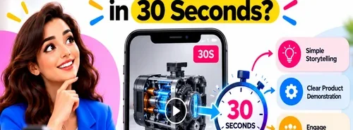 Short-Form Video Marketing infographic showing how businesses explain complex products in 30 seconds using product demonstrations, visual storytelling and social media videos.