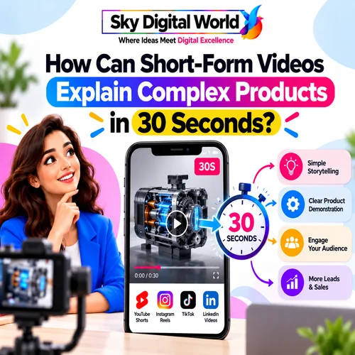 Short-Form Video Marketing infographic showing how businesses explain complex products in 30 seconds using product demonstrations, visual storytelling and social media videos.
