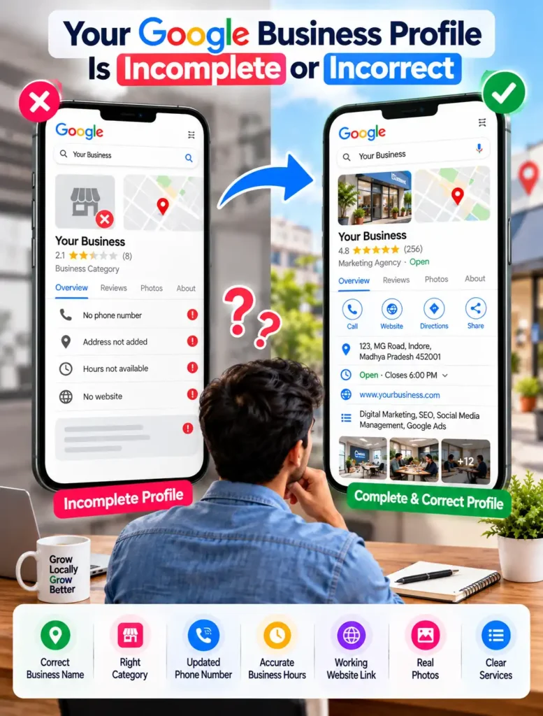 Local SEO Services India infographic comparing an incomplete Google Business Profile with an optimized profile showing accurate contact details, business hours, website, photos and services.