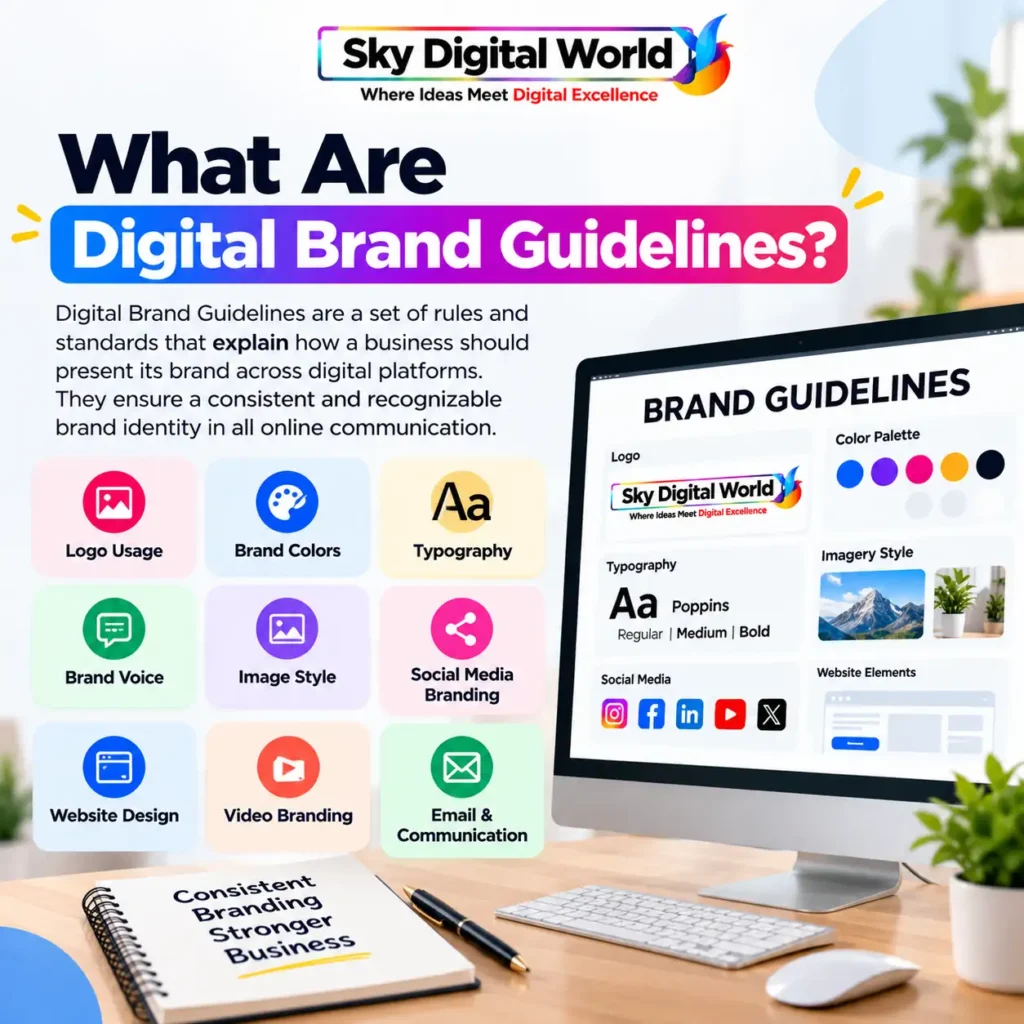 Digital Brand Guidelines infographic showing essential branding elements including logo usage, brand colors, typography, brand voice, social media branding, website design and digital communication.