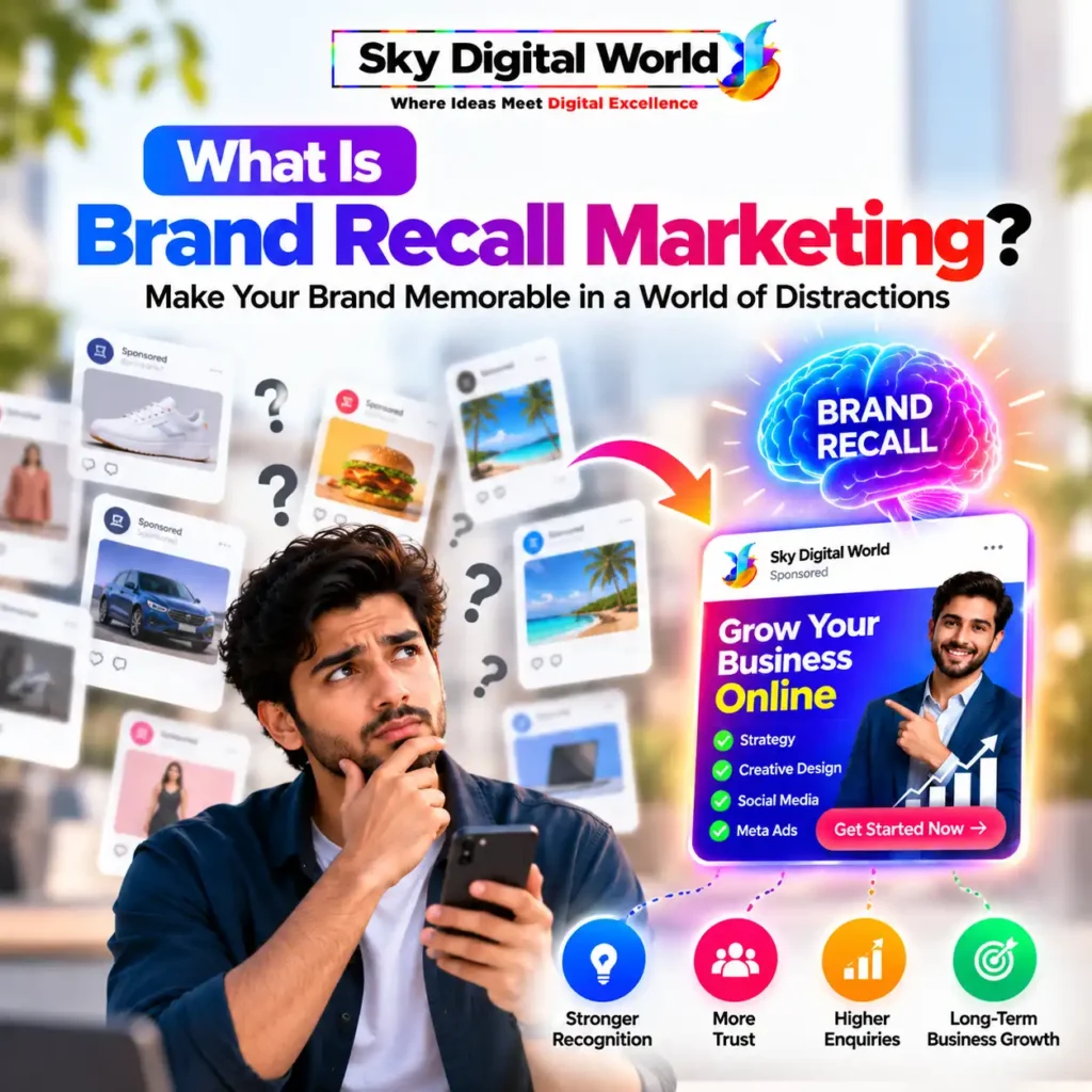 Brand Recall Marketing infographic showing a customer viewing multiple advertisements and remembering a distinctive Sky Digital World advertisement.