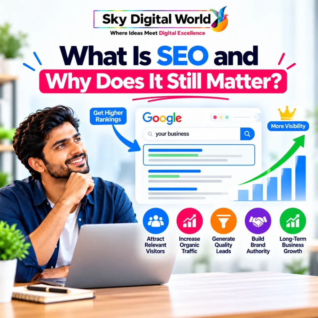 SEO GEO Services India infographic explaining why Search Engine Optimization remains important for organic traffic, relevant visitors, qualified leads and long-term business growth.